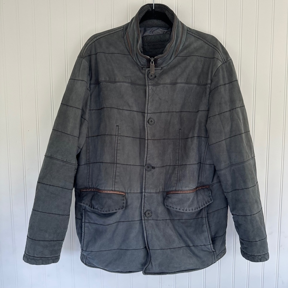 Roundtree & Yorke‎ Premium Leather Jacket Mens Gray Button Down Coat Size L